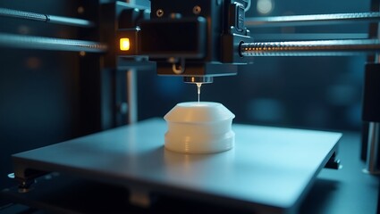 A close up view of a three d printer creating a white object on a metal printing surface plate