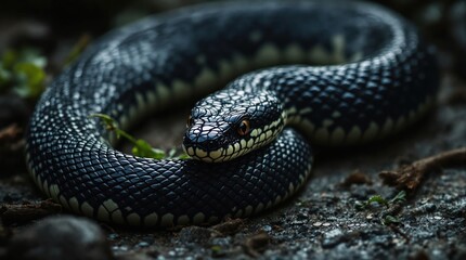 Obraz premium Close-up of a dark snake coiled on the ground