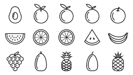 Collection of simple line art icons representing various fruits on a white background