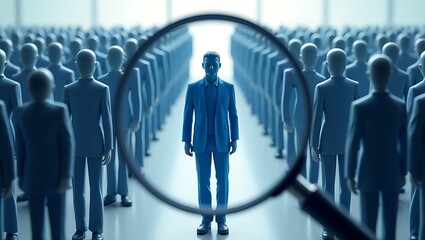 A man in a blue suit standing out from a crowd of people viewed through a magnifying glass tool