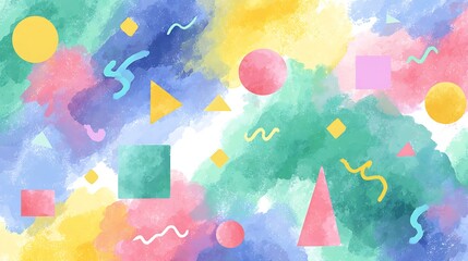 Abstract watercolor background with colorful geometric shapes and splatters