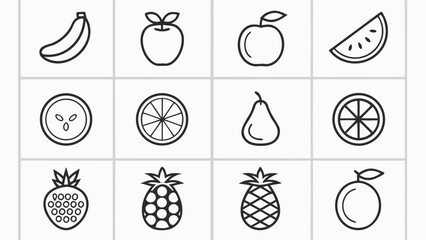 Collection of twelve simple line art icons representing various fruits on a white background