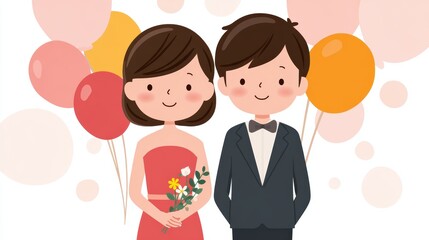 Couple Celebrating Together Holding Balloons and Flowers in a Festive Atmosphere