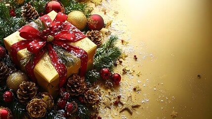 A festive photograph featuring a golden wrapped Christmas gift adorned with a red bow and seasonal decorations