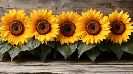 Bright Sunflowers Arranged Against Rustic Wooden Background in Summertime Setting