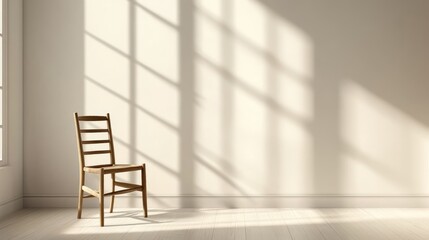 Fototapeta premium Minimalist Interior with Wooden Chair and Window Shadows Casting Light