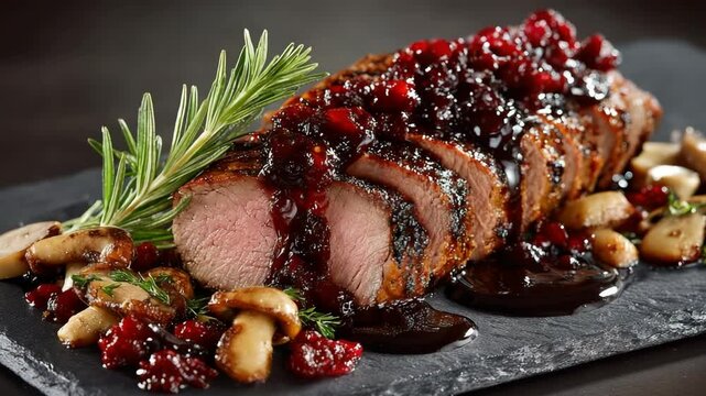Barbecue deer haunch on a slate slab with cranberry sauce and mushrooms