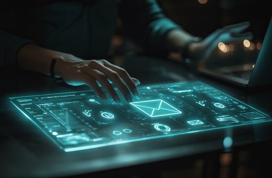 Person interacts with a futuristic holographic interface displaying email and data visualizations on a dark desk at night