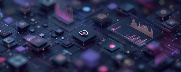 Isometric digital illustration showcasing futuristic data analysis and technology concepts