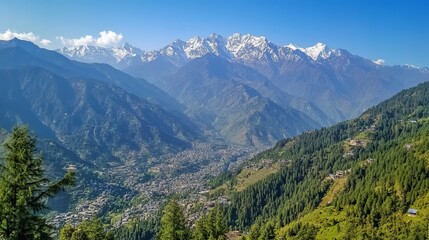 Obraz premium Panoramic view of snow-capped mountains and a valley with lush green vegetation and a small town nestled below