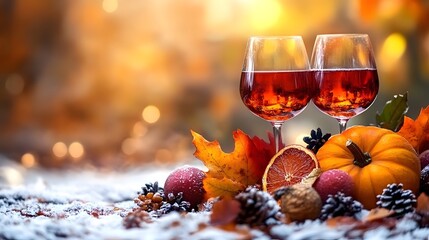 Autumn Wine Glasses with Seasonal Decorations in Warm Sunset Light