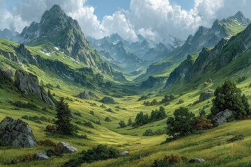 Obraz premium Peaceful valley surrounded by lush green mountains under a vibrant blue sky