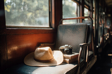 Sunhat and vintage camera resting on empty seat of old-style train carriage, sunlight filtering through window, nostalgic travel mood