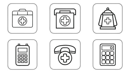 Set of six medical icons including first aid kit medical bag and telephone