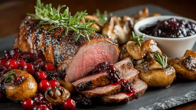 Barbecue deer haunch on a slate slab with cranberry sauce and mushrooms