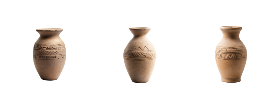 Three ancient clay vases with distinct patterns and shapes show historical craftsmanship