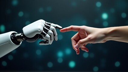 Robot hand and human hand reaching out to touch against a dark bokeh background image view