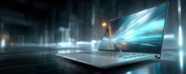 Laptop and digital graphics representing futuristic technology and advanced data processing