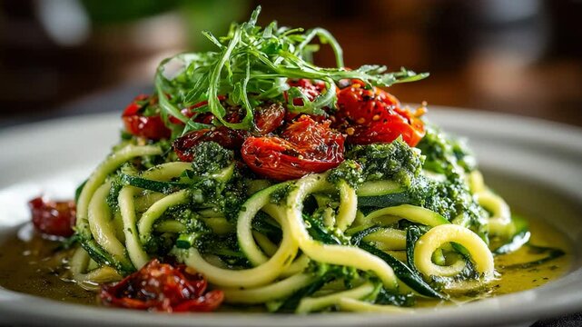 A dish of pesto topped zucchini noodles with a side section.