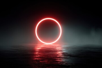 Glowing red neon circle with a reflection on a reflective dark surface