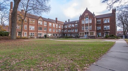 A sprawling brick building with a courtyard, surrounded by autumnal trees and a paved walkway. The architecture suggests a collegiate or institutional setting
