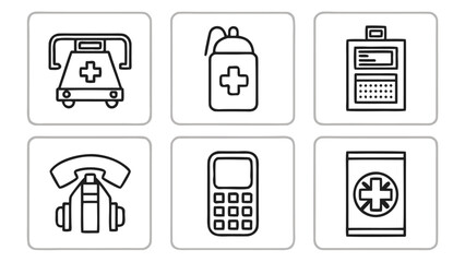 Collection of six simple black and white outline icons representing medical equipment and communication devices