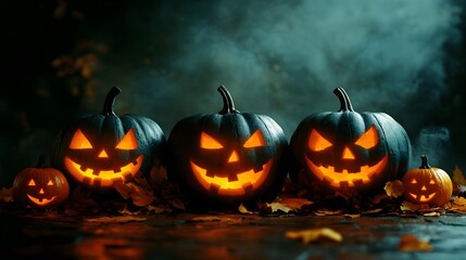 Four illuminated Jack-O'-Lantern pumpkins amid autumn leaves and a misty, eerie backdrop, symbolizing the festive and mysterious elements of Halloween night.