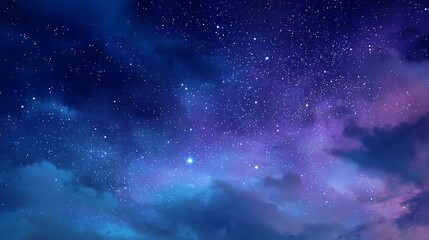 Vast starry night sky with swirling blue and purple clouds illuminated by starlight