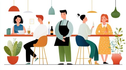 Group Of Friends Enjoying Food And Drinks At Modern Restaurant With Bright Interior Design