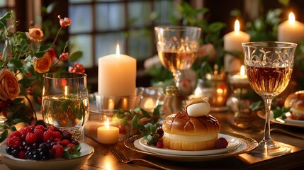 Elegant Dinner Table Set with Candles, Gourmet Dessert and Fresh Berries for a Romantic Evening