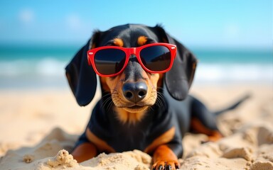 beautiful dog of dachshund, black and tan, buried in the sand at the beach sea on summer vacation holidays, wearing red sunglasses. High quality