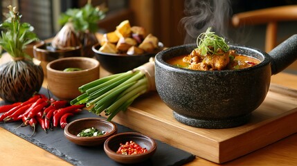 Steaming Bowl of Delicious Spicy Soup with Fresh Ingredients and Aromatic Herbs on Wooden Table