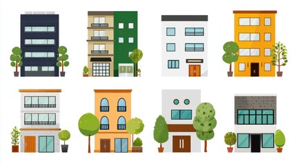 Colorful Collection of Modern Urban Buildings with Greenery and Distinct Architectural Styles