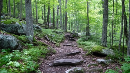 Fototapeta premium A stone path winds through a lush, green forest, ascending a gentle slope amidst moss-covered rocks and verdant undergrowth