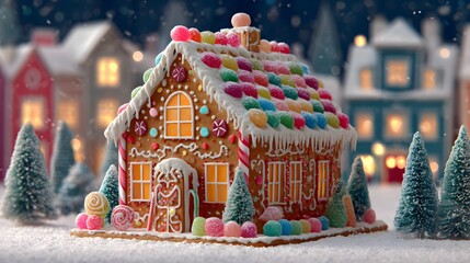 Colorful Gingerbread House Surrounded by Snowy Landscape and Festive Decorations