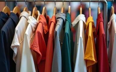 Clothes hang on a rack in a clothing store. High quality
