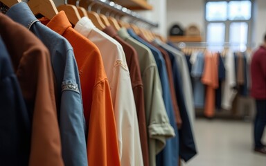 Clothes hang on a rack in a clothing store. High quality