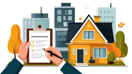 Hands Holding Checklist Near Modern House Surrounded by Urban Buildings and Autumn Trees
