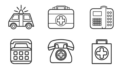 Collection of simple line art icons representing emergency medical services and communication tools