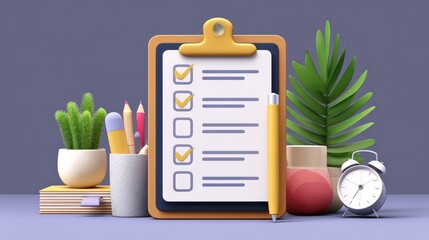 Clipboard With Checklist Surrounded By Stationery And Green Plants On A Minimalist Workspace