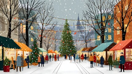 Winter Holiday Market with Festive Decorations and Snowfall in a Charming Urban Street