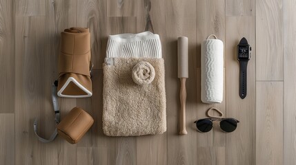 Neutral Tones: A Flat Lay Arrangement of Everyday Essentials, Accessories, and Comforting Items Placed on a Light Wood Surface.
