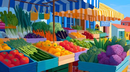 Vibrant Outdoor Market Displaying Fresh Fruits and Vegetables in a Colorful Setting