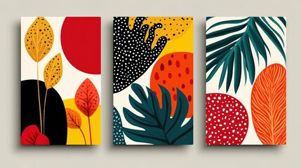 Colorful Abstract Botanical Art Prints with Geometric Shapes and Vibrant Patterns