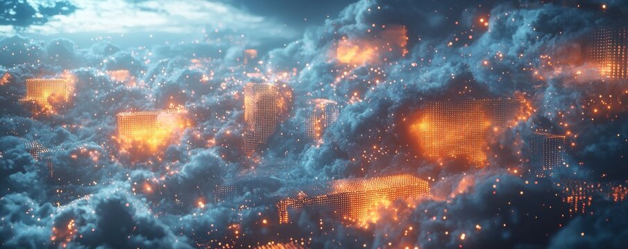 Futuristic cloud computing concept with glowing data blocks in a virtual environment