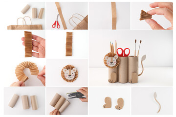 Lion pencil organizer from recycled cardboard for children craft workshop or eco learning. Ideal for early education, green product ads, DIY templates, parenting content, school promotion.
