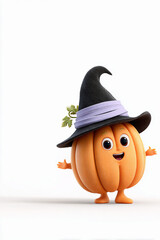 Playful 3D Pumpkin Character with Open Arms in Witch Hat for Halloween Joy. Ideal for children's Halloween campaigns, autumn festivals, educational materials, fun invitations, social media content.