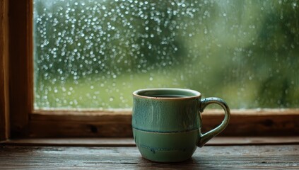 Hot drink sits on window sill while rain falls on window, blurred garden view
