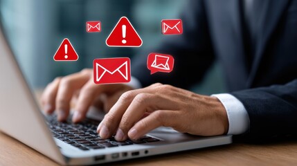 Professional Businessman Checking Notifications on Laptop in Modern Office Workspace with Alerts