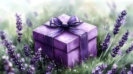 Lavish Purple Gift Box Surrounded by Lavender in a Serene Field